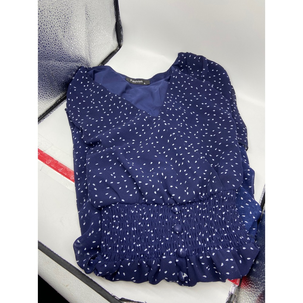 Fashion High Low Dress Navy Blue Polka Dot Smocked Waist V Neck Medium Flowy